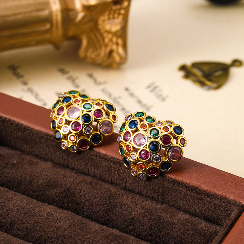 Bohemian colorful diamond heart earrings retro earrings for women 925 silver needle
