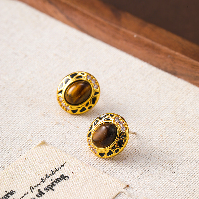 Maillard Retro Exquisite Tiger Eye Stone Earrings Female Niche Design High-end Earrings Holiday Style Silver Needle Earrings