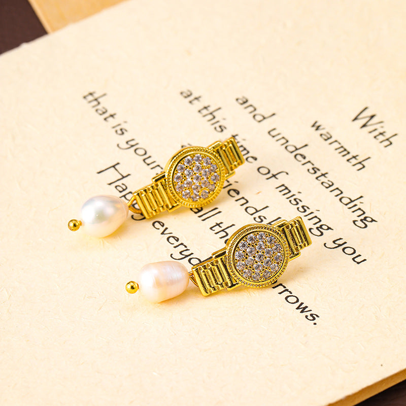 Personalized zircon watch, freshwater pearl earrings, retro earrings, silver needle earrings