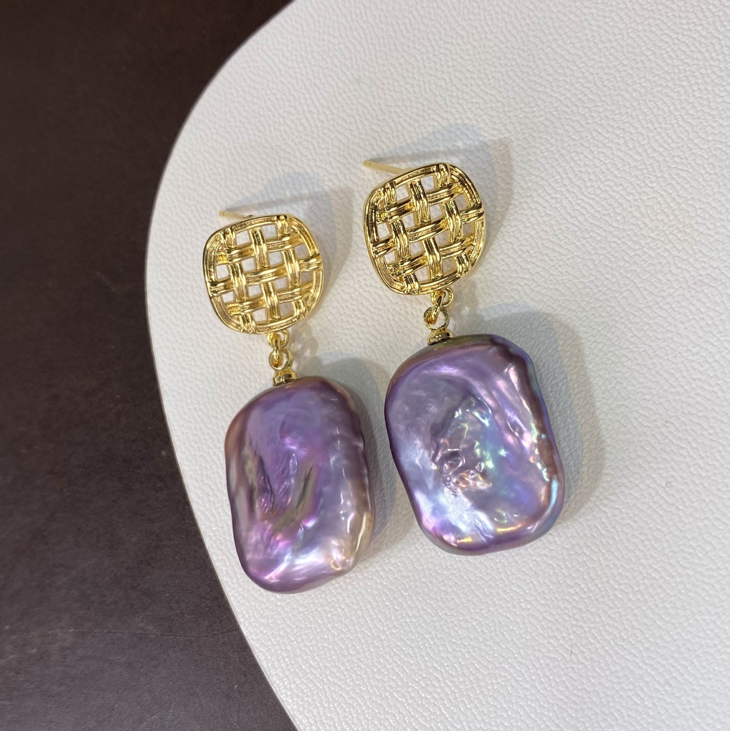 Natural freshwater Baroque square earrings, special-shaped colorful purple pearl earrings, French s925 silver earrings