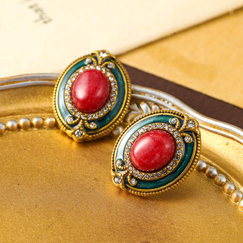 Vintage medieval jewelry earrings summer high-end niche luxury natural stone enamel retro earrings