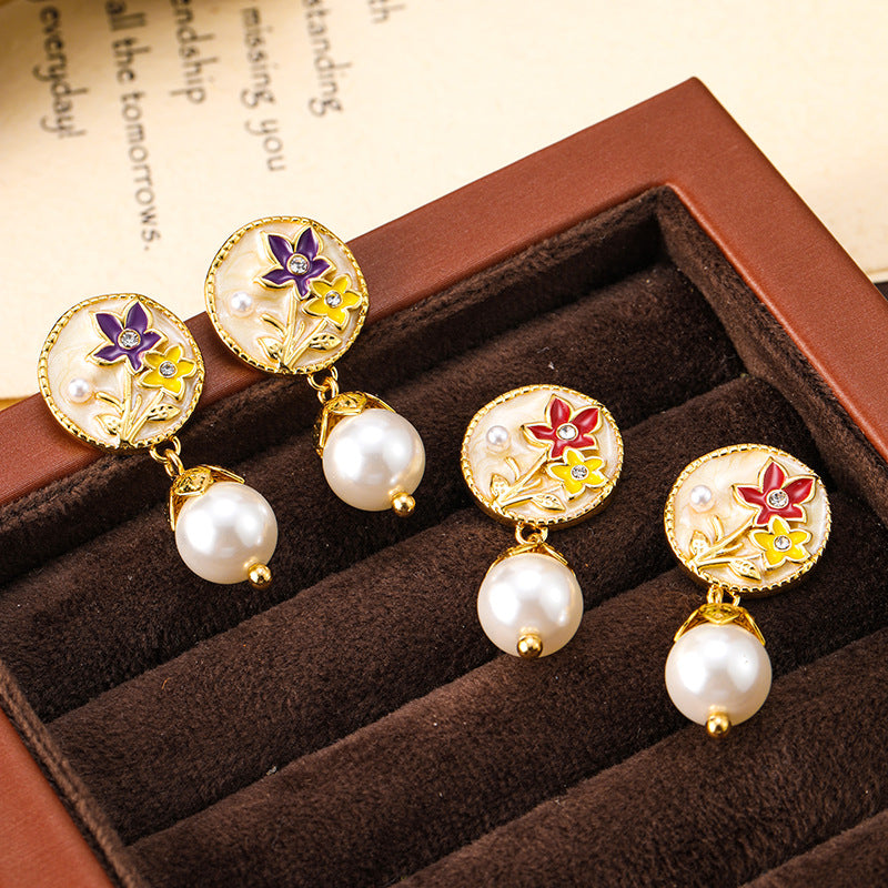 French fresh and fashionable colorful oil-drop flower pearl earrings, light luxury and high-end silver needle earrings
