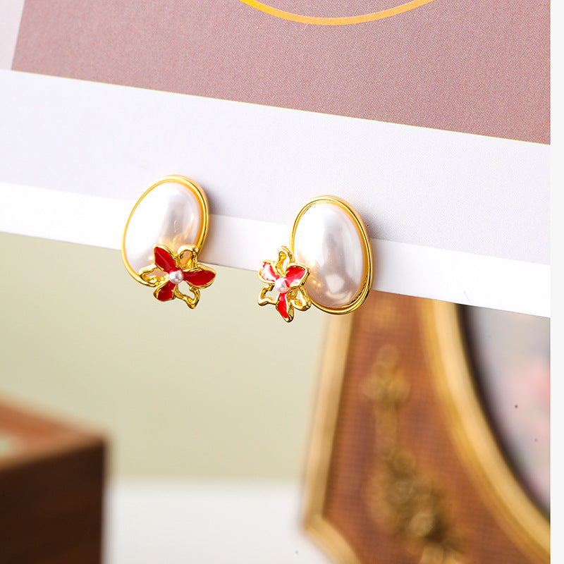 Super small oil-drop flower pearl earrings silver needle earrings for women, sweet and elegant earrings