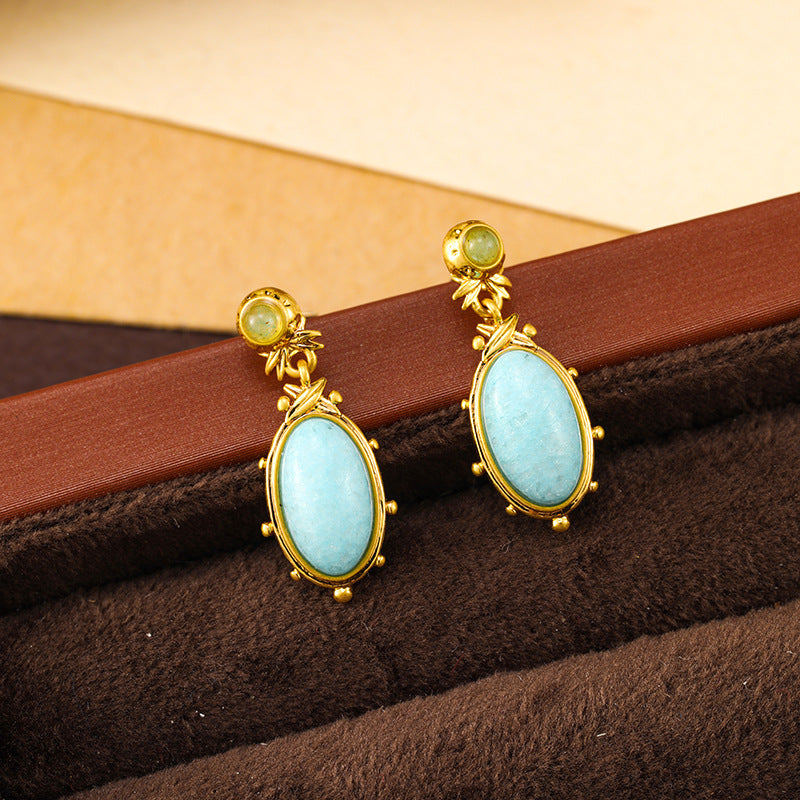 Oval natural stone ethnic style earrings for women, retro niche national style earrings, silver needles