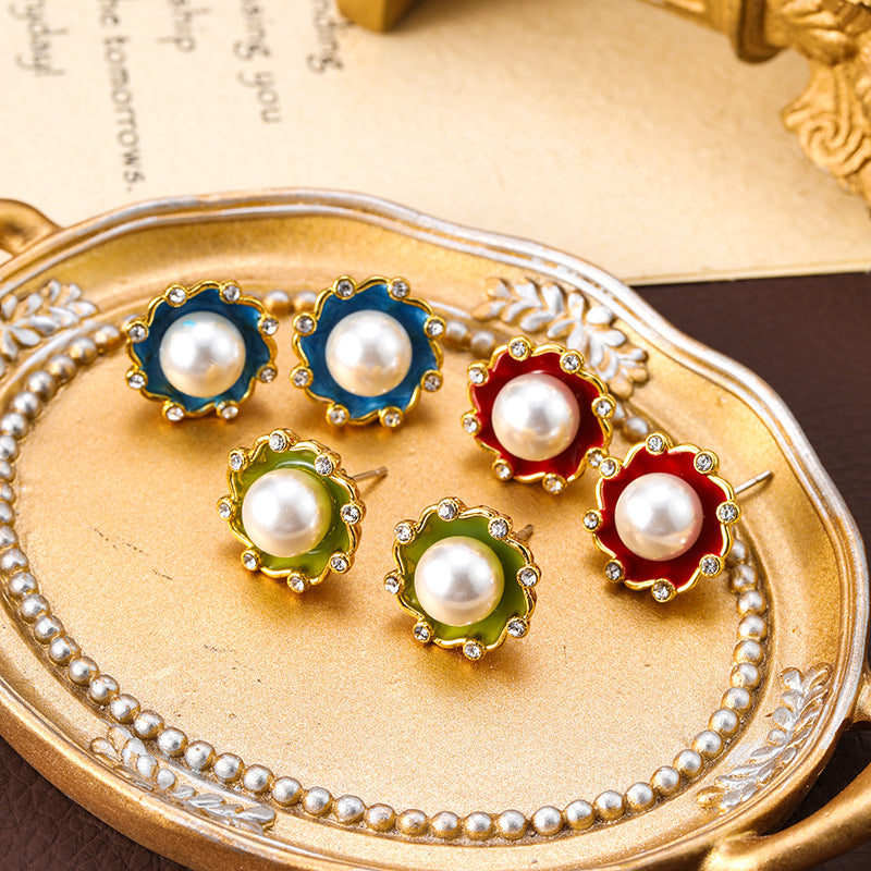 Retro enamel silver needle earrings pearl female Bohemian personality vintage earrings