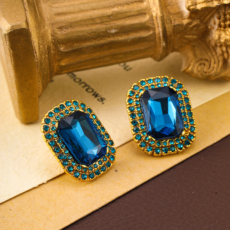 New geometric inlaid sapphire vintage earrings personalized retro earrings