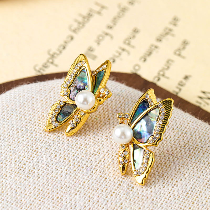 Original S925 silver needle abalone butterfly earrings pearl earrings