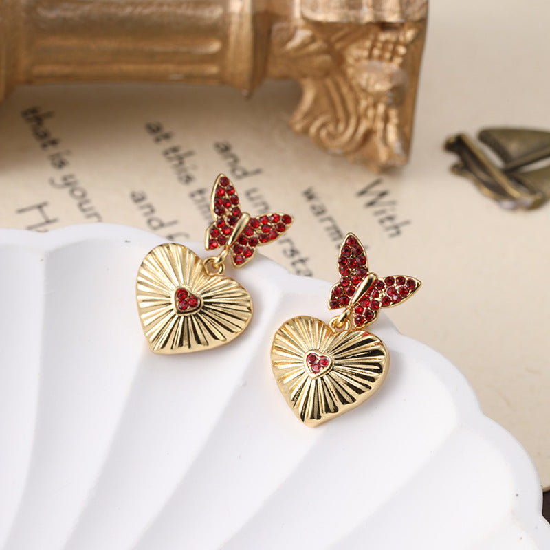 Full diamond butterfly heart retro earrings French light luxury gold-plated earrings silver needles