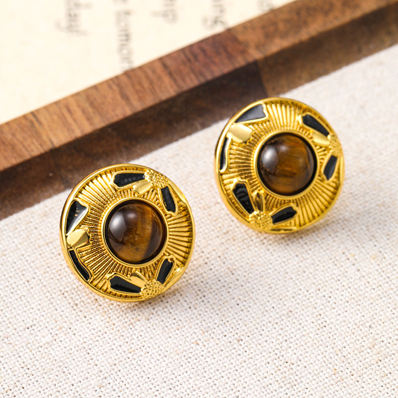 Maillard Retro Tiger Eye Pearl Earrings for Women Niche Design Simple Earrings Holiday Style Silver Needle Earrings