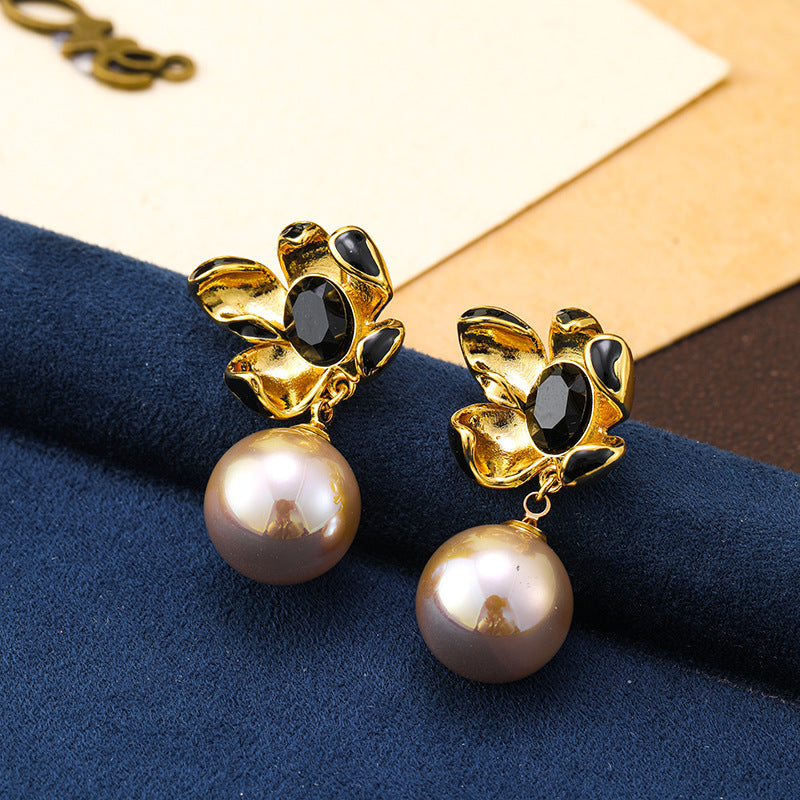 French retro flower champagne gold pearl earrings, high-end vintage luxury earrings