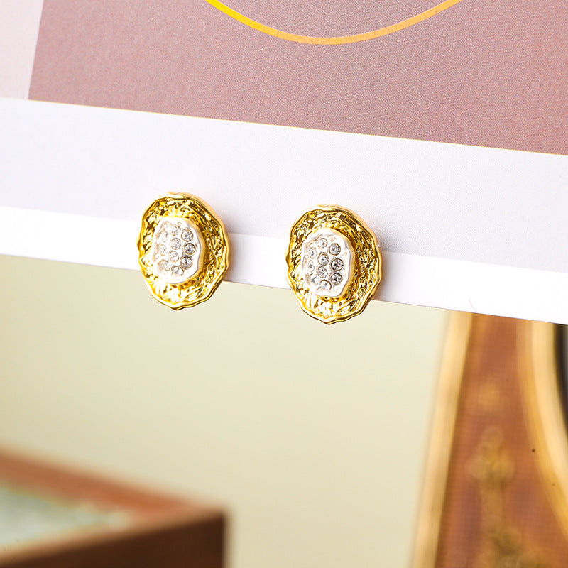 Pleated button gold and silver contrast retro earrings niche design versatile earrings