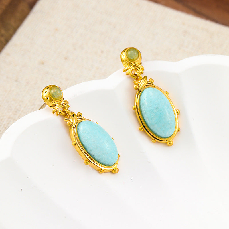 Oval natural stone ethnic style earrings for women, retro niche national style earrings, silver needles