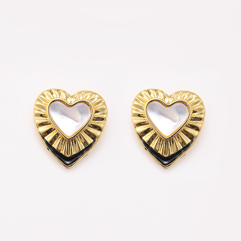 Enamel white mother-of-pearl heart earrings, retro earrings, niche fashion earrings