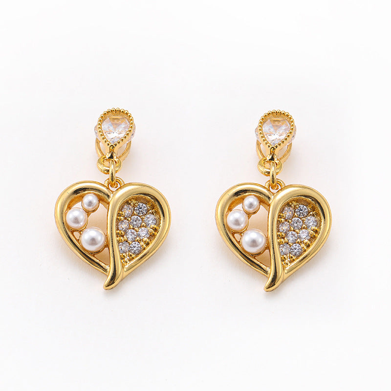 French exquisite hollow heart micro-inlaid zircon pearl earrings for women, high-end and versatile small silver needle earrings