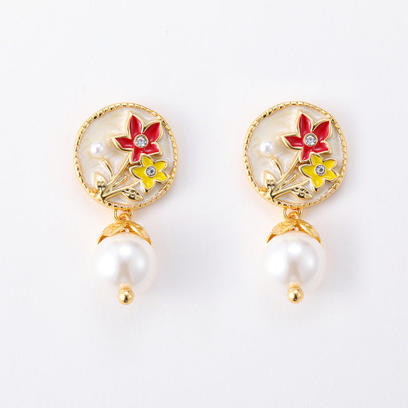 French fresh and fashionable colorful oil-drop flower pearl earrings, light luxury and high-end silver needle earrings