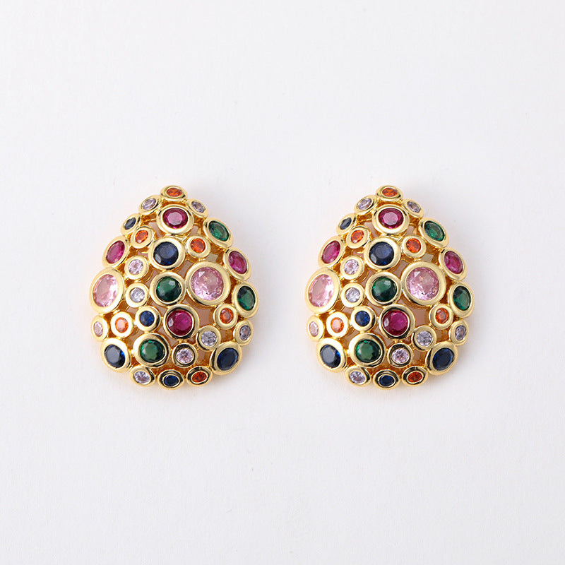 Bohemian water drop color zircon earrings retro earrings silver needle earrings