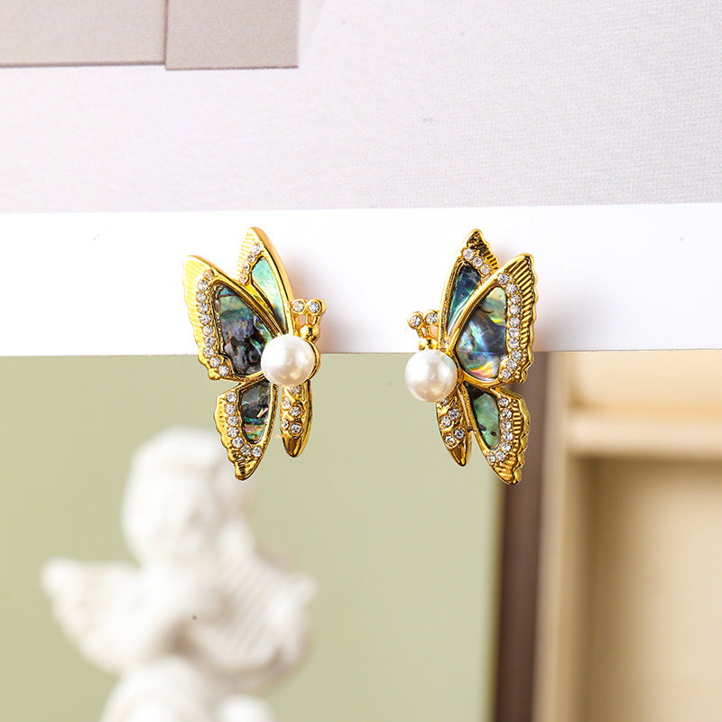 Original S925 silver needle abalone butterfly earrings pearl earrings
