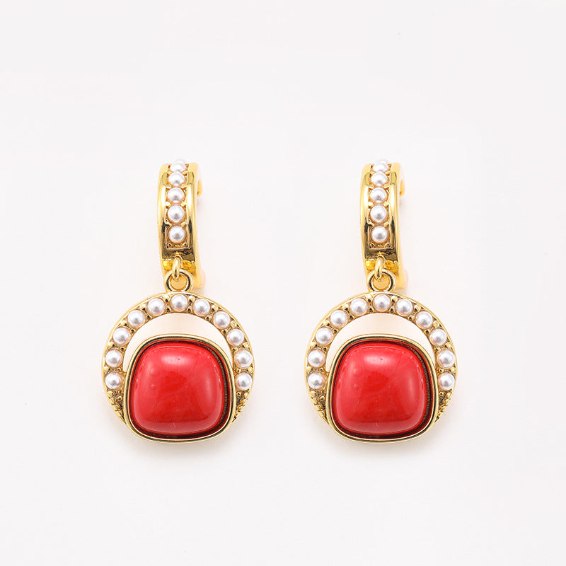 Original French retro elegant inlaid pearl natural stone medieval earrings niche earrings exaggerated earrings