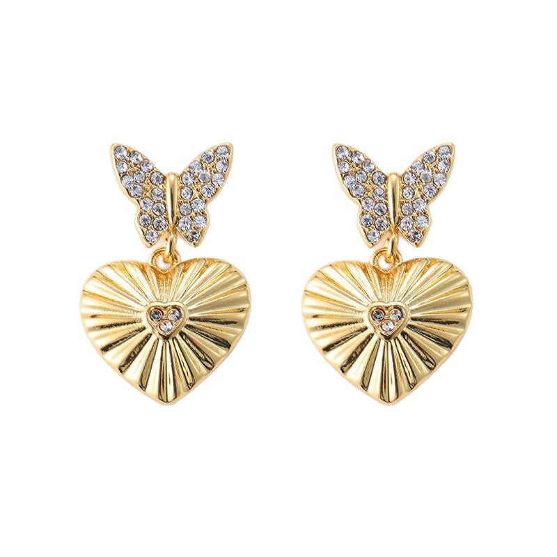 Full diamond butterfly heart retro earrings French light luxury gold-plated earrings silver needles
