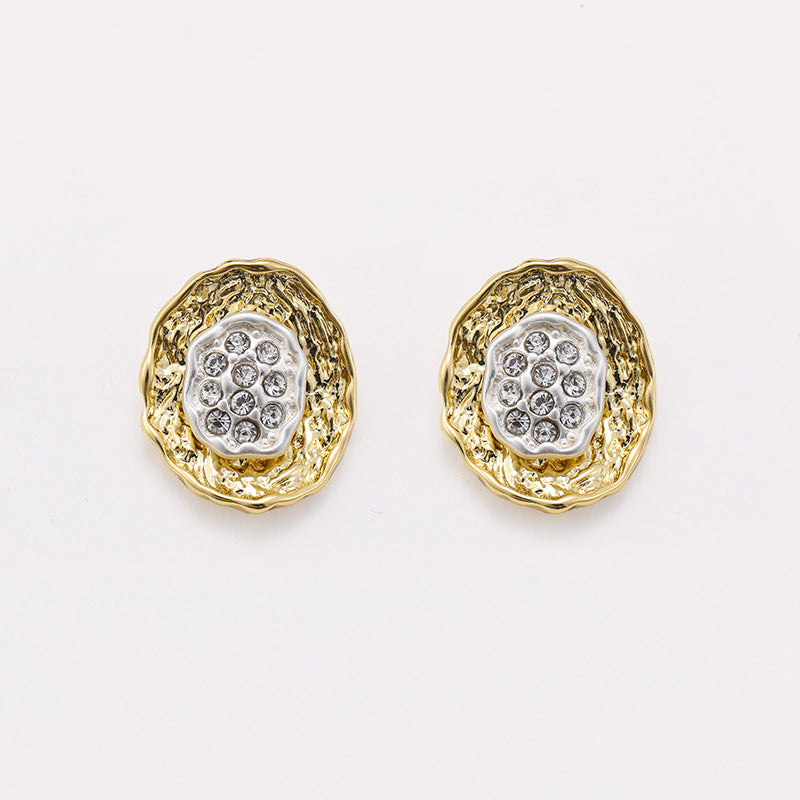 Pleated button gold and silver contrast retro earrings niche design versatile earrings