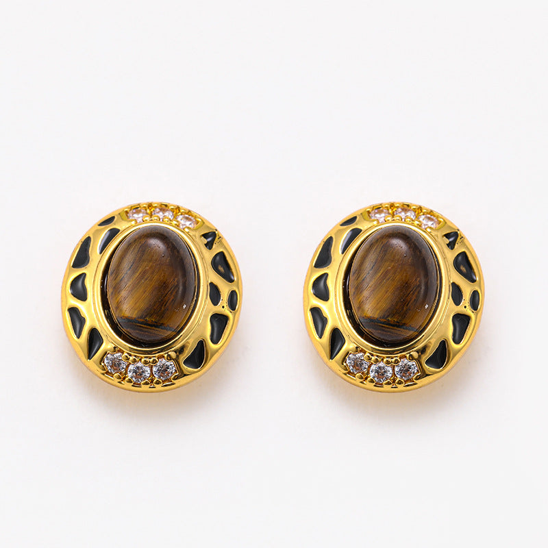 Maillard Retro Exquisite Tiger Eye Stone Earrings Female Niche Design High-end Earrings Holiday Style Silver Needle Earrings