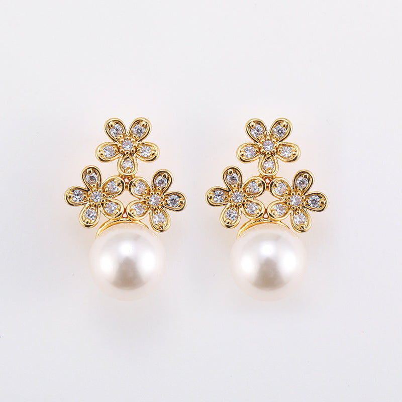 French elegant exquisite zircon flower pearl earrings retro earrings light luxury silver needle earrings