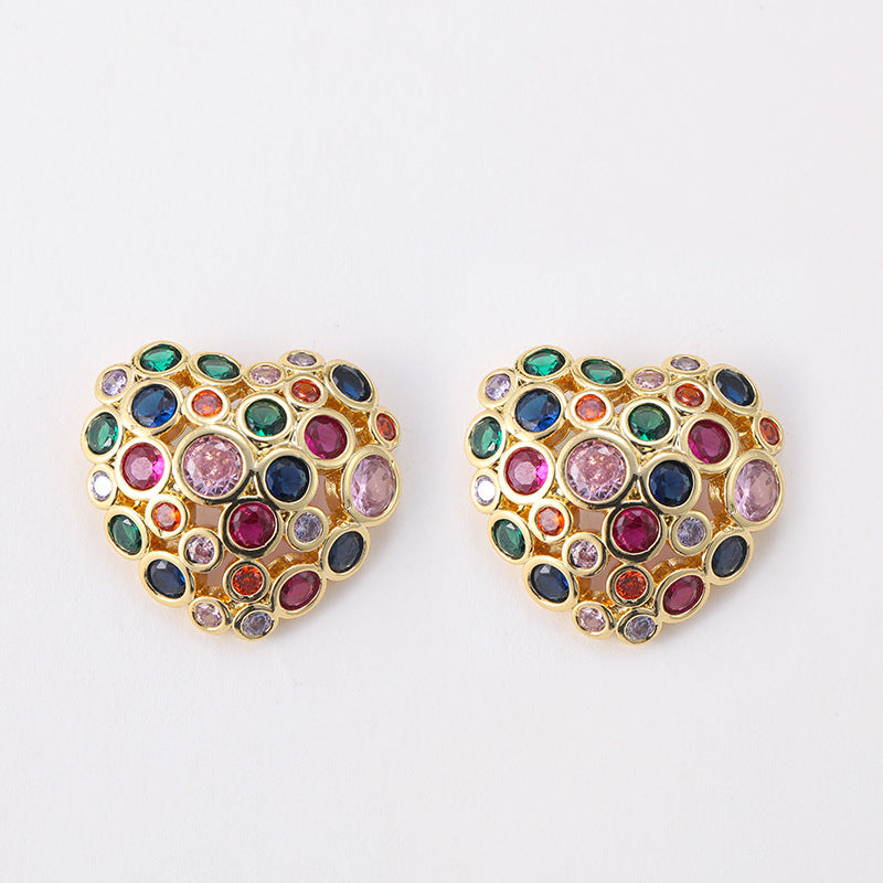 Bohemian colorful diamond heart earrings retro earrings for women 925 silver needle