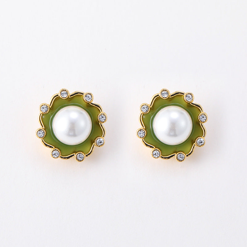 Retro enamel silver needle earrings pearl female Bohemian personality vintage earrings