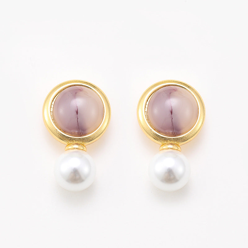 Retro round amethyst pearl earrings, niche atmosphere, personality, versatile temperament earrings for women