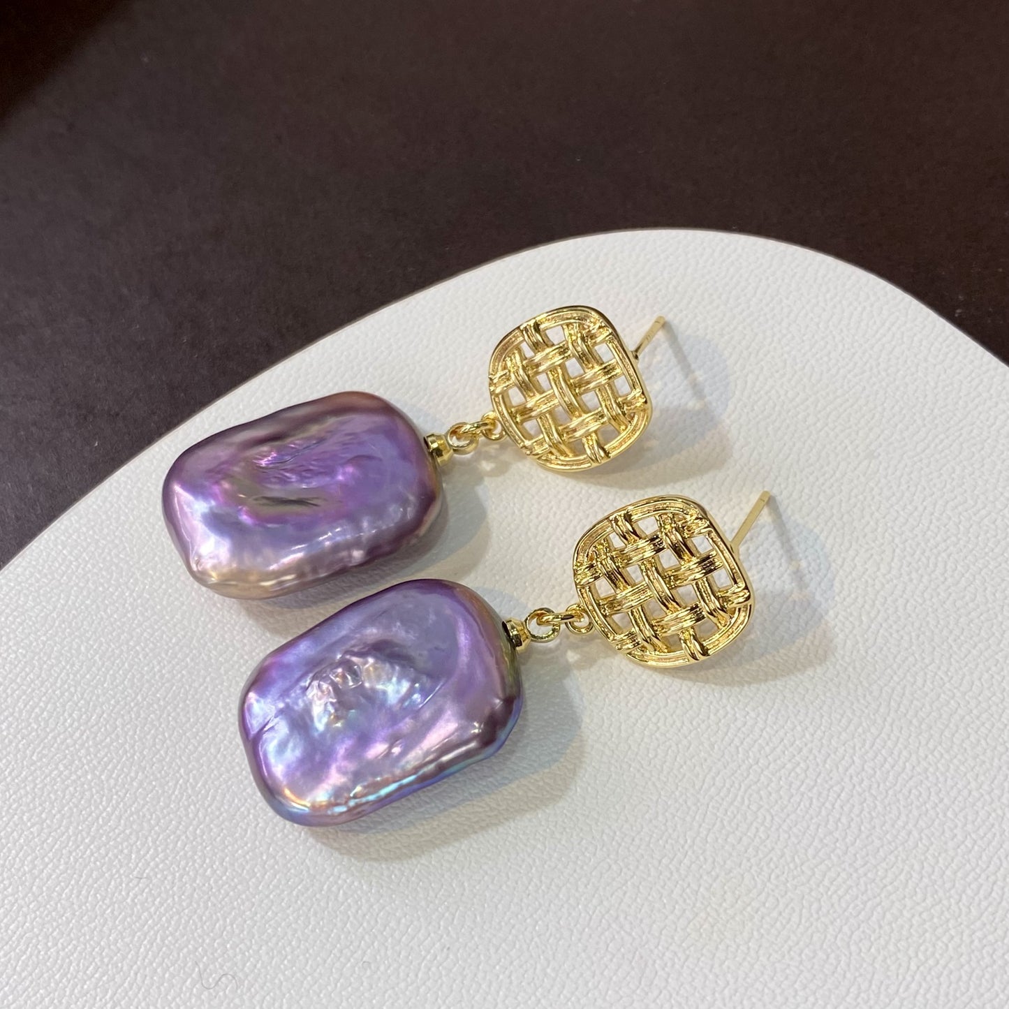 Natural freshwater Baroque square earrings, special-shaped colorful purple pearl earrings, French s925 silver earrings