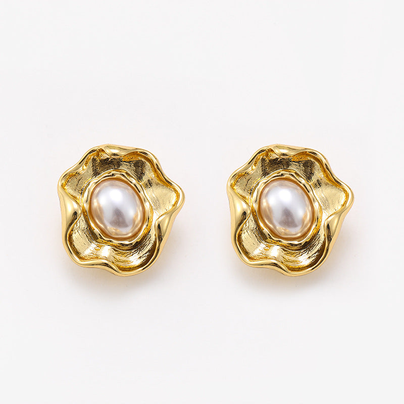 French gold retro irregular lace pearl earrings, high-end earrings, silver needles, light luxury, versatile and exaggerated earrings