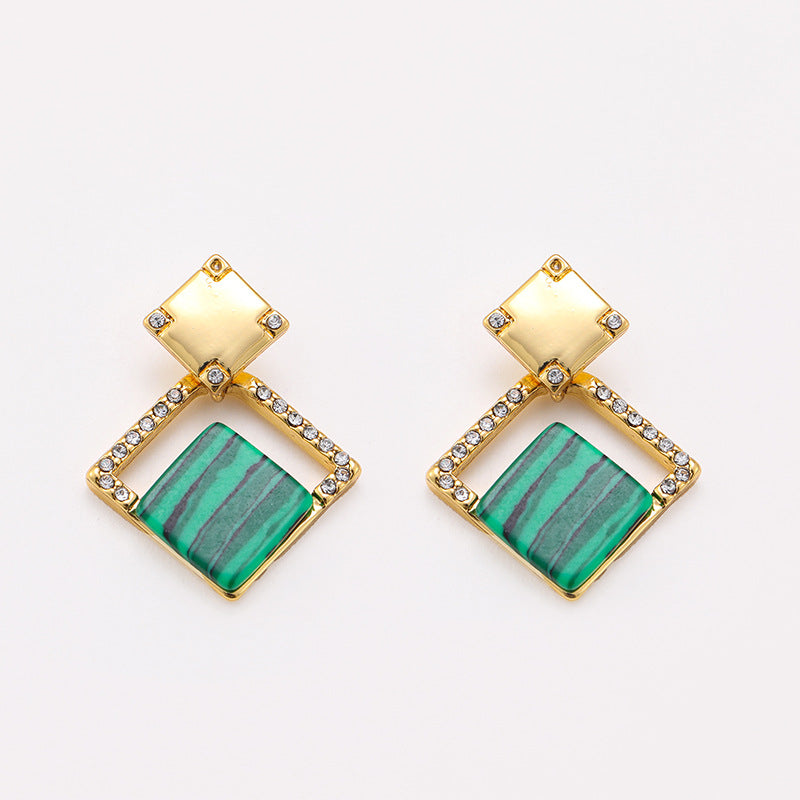 Copper-plated real gold retro diamond-studded malachite geometric square earrings niche high-end luxury 925 silver needle earrings