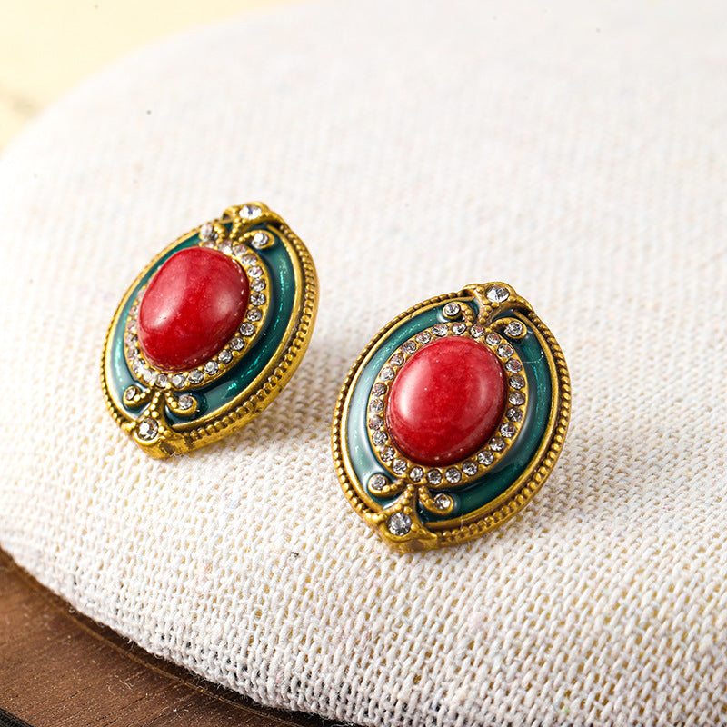 Vintage medieval jewelry earrings summer high-end niche luxury natural stone enamel retro earrings