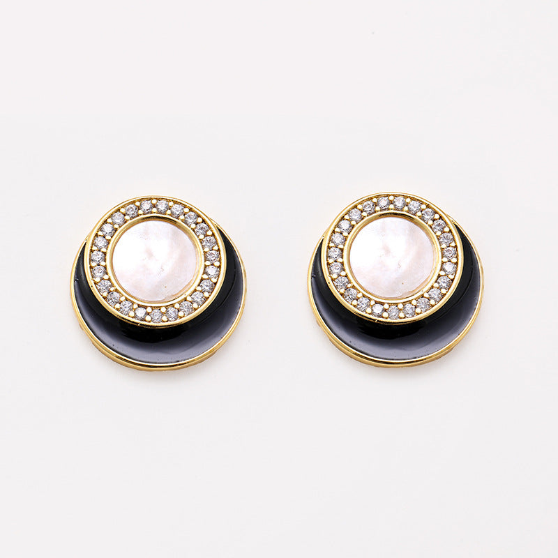 Black and white round oil-dropping white mother-of-pearl zircon earrings niche design Chanel style personality earrings silver needle
