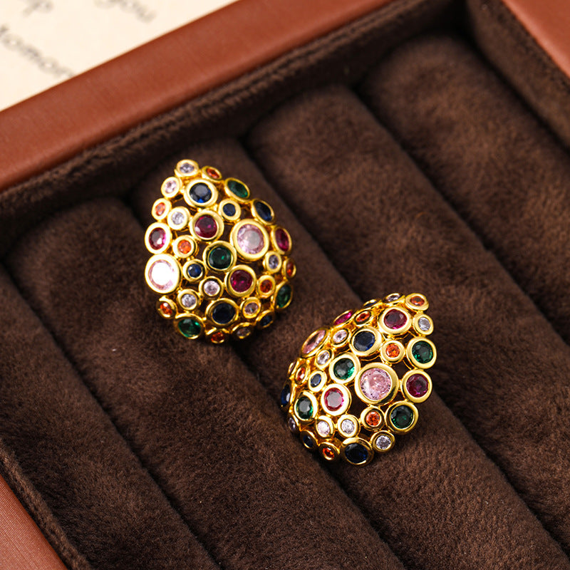 Bohemian water drop color zircon earrings retro earrings silver needle earrings