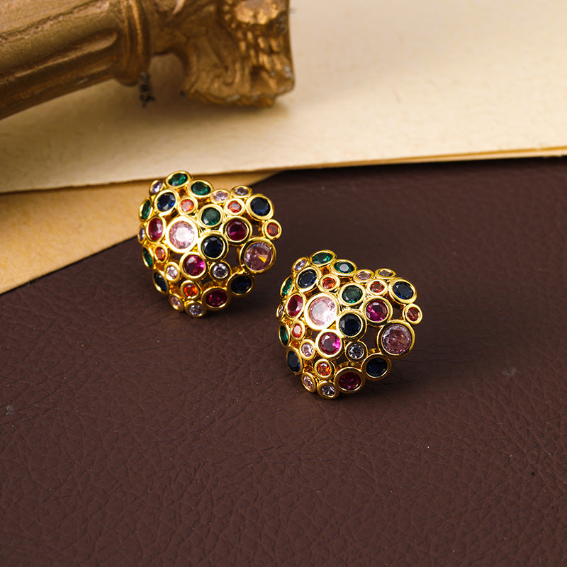 Bohemian colorful diamond heart earrings retro earrings for women 925 silver needle
