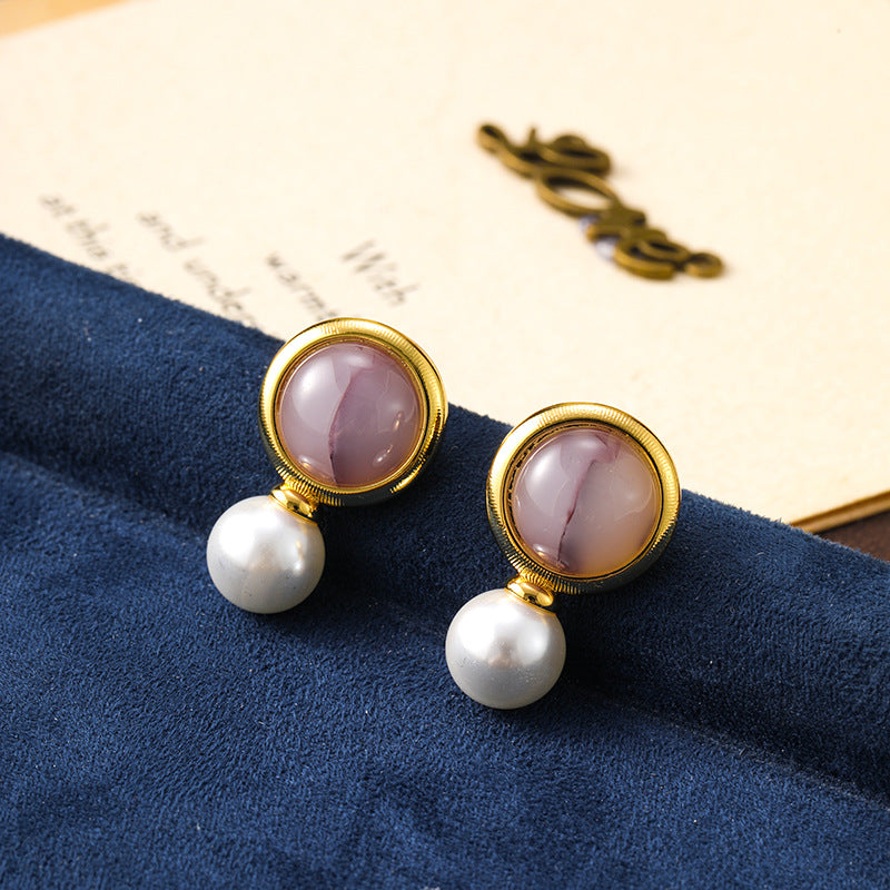 Retro round amethyst pearl earrings, niche atmosphere, personality, versatile temperament earrings for women