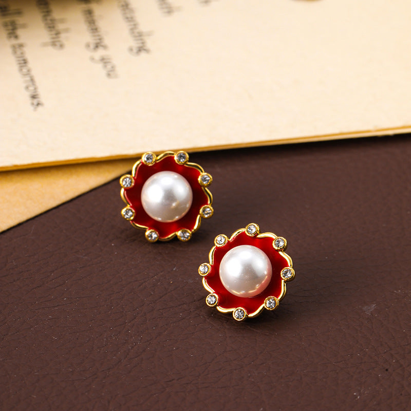 Retro enamel silver needle earrings pearl female Bohemian personality vintage earrings