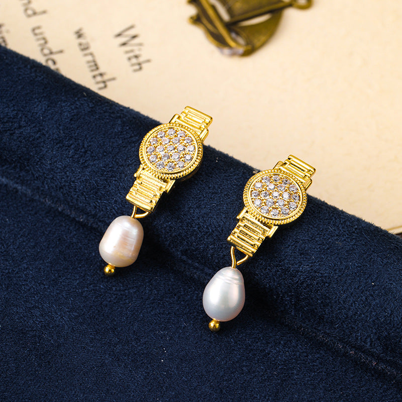 Personalized zircon watch, freshwater pearl earrings, retro earrings, silver needle earrings