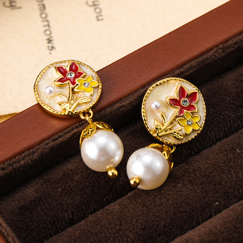 French fresh and fashionable colorful oil-drop flower pearl earrings, light luxury and high-end silver needle earrings