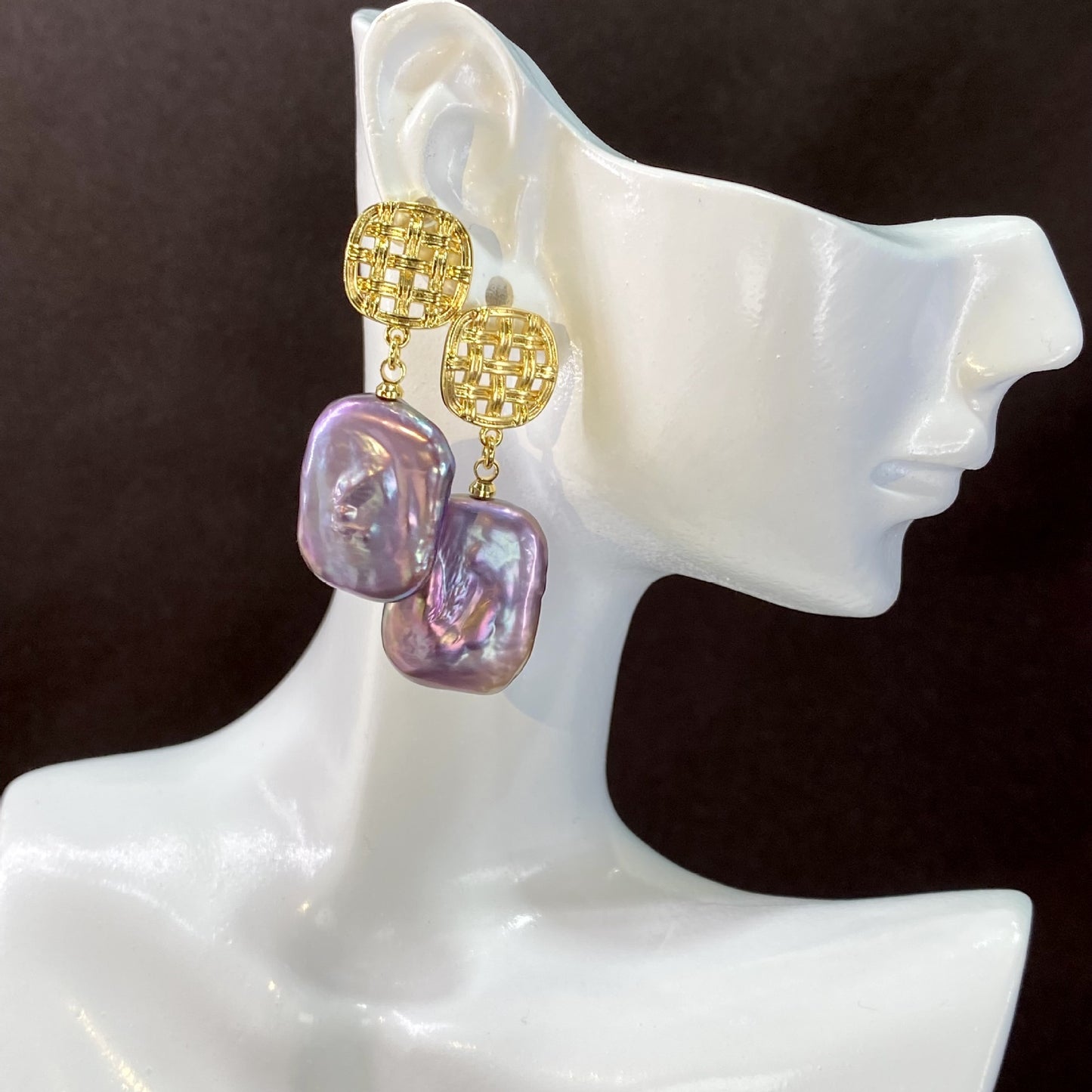 Natural freshwater Baroque square earrings, special-shaped colorful purple pearl earrings, French s925 silver earrings