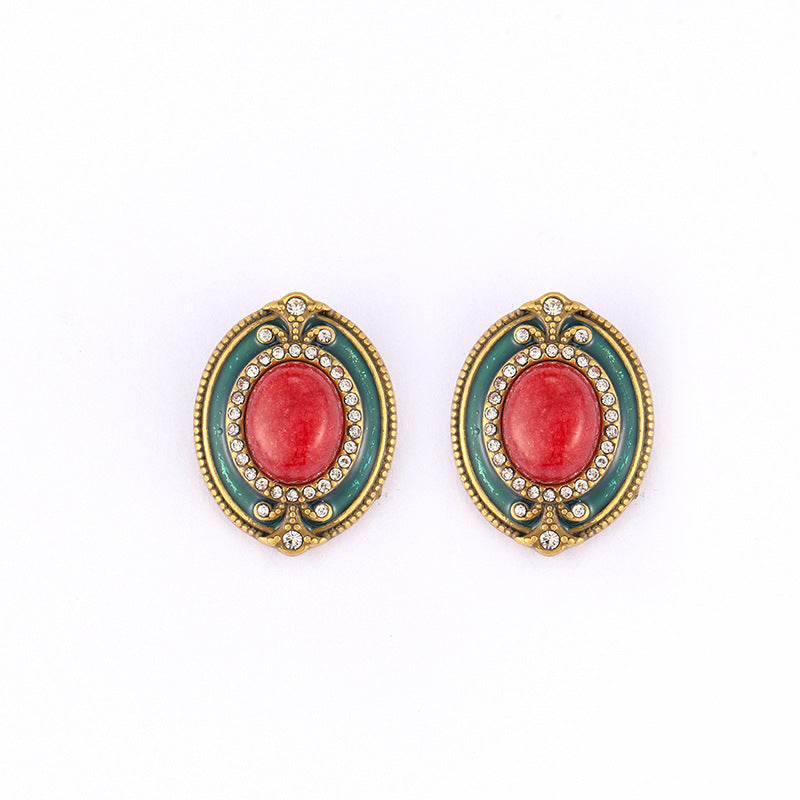Vintage medieval jewelry earrings summer high-end niche luxury natural stone enamel retro earrings