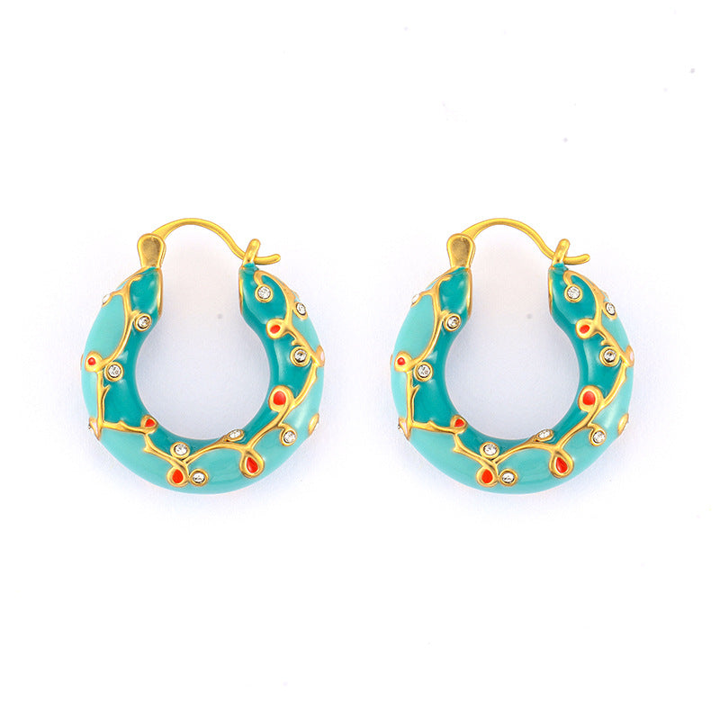 Retro high-end thorn colored enamel earrings, niche personality, fashionable and light luxury ear clips