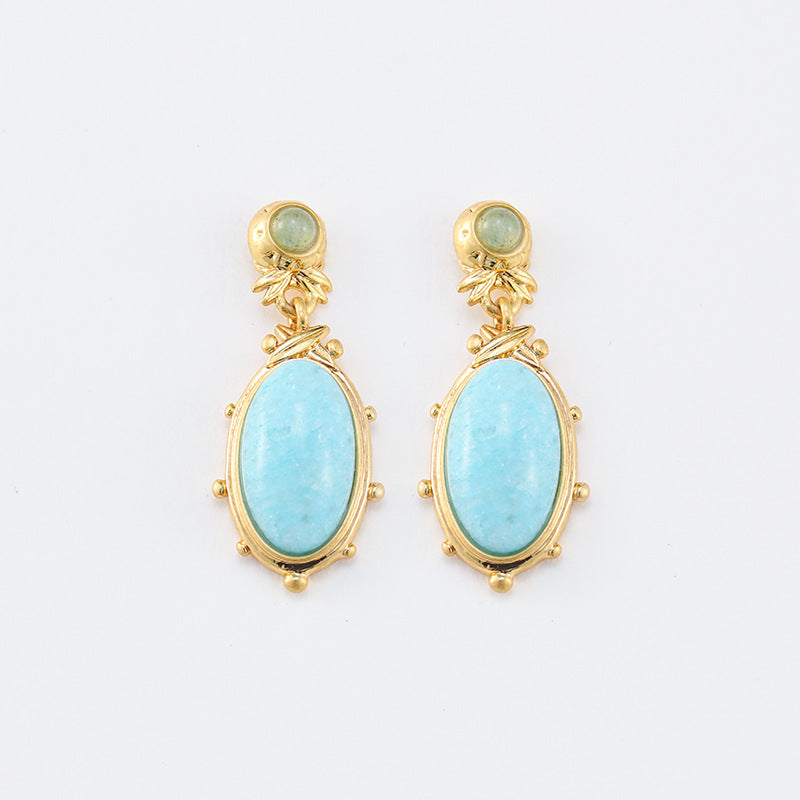 Oval natural stone ethnic style earrings for women, retro niche national style earrings, silver needles