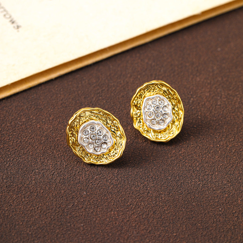 Pleated button gold and silver contrast retro earrings niche design versatile earrings