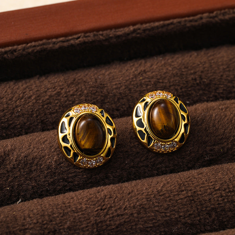 Maillard Retro Exquisite Tiger Eye Stone Earrings Female Niche Design High-end Earrings Holiday Style Silver Needle Earrings