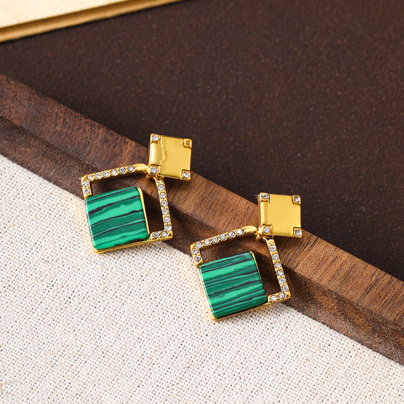 Copper-plated real gold retro diamond-studded malachite geometric square earrings niche high-end luxury 925 silver needle earrings