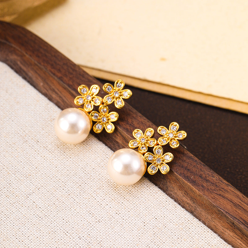 French elegant exquisite zircon flower pearl earrings retro earrings light luxury silver needle earrings