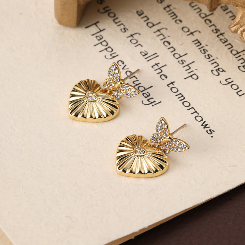 Full diamond butterfly heart retro earrings French light luxury gold-plated earrings silver needles