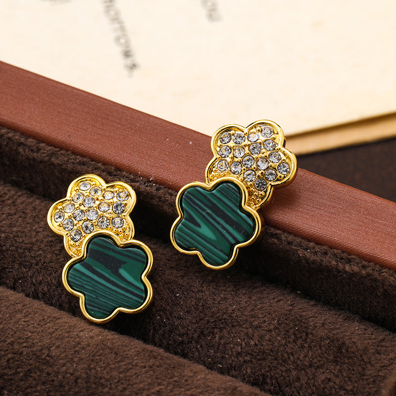 Real gold plated simple diamond-inlaid malachite lucky clover five-leaf flower earrings silver needle earrings